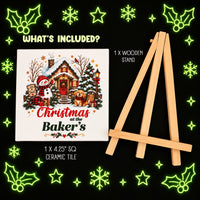 A personalized Christmas ceramic tile shown next to a wooden display stand on a black background with glowing green holiday decorations. Text on the image lists what is included: 1 x wooden stand and 1 x 4.