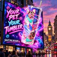 A large neon-style advertising billboard in a city street at sunset, featuring the text 'YOUR PET. YOUR TUMBLER.