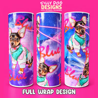 Three cylindrical tumbler mockups displaying a full wrap design print, featuring a Chihuahua dog in a teal sweater against a purple and blue galaxy background with pink 'Blue' text. The background is solid pink with 'SILLY DOG DESIGNS' branding at the top and 'FULL WRAP DESIGN' at the bottom.