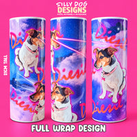 Three tall cylindrical tumbler canisters shown on a bright pink background, each wrapped in a colorful galaxy print featuring a Jack Russell Terrier and neon-style script text. The top text reads 'SILLY DOG DESIGNS' and the bottom text says 'FULL WRAP DESIGN'; a side note says '21CM TALL'.