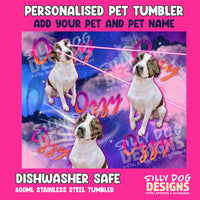 Promotional graphic for a custom stainless steel pet tumbler. The design features three cartoon dogs sitting in a colorful cosmic scene with pink laser beams and neon text.