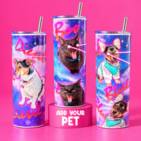 Three tall insulated tumblers with metal straws are shown on a bright pink background. The tumblers feature colorful cosmic designs with illustrated dogs and cats, neon text, and the words 'Diesel', 'Bluel', and 'Diesel'.