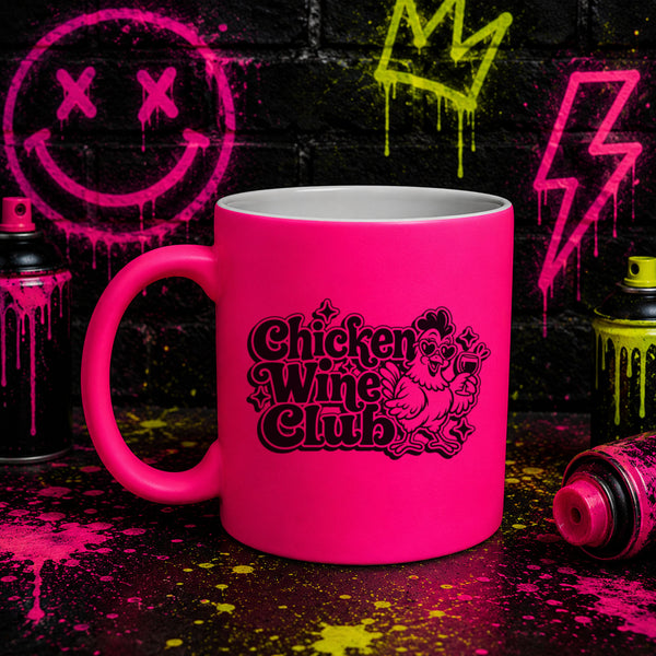 Chicken Wine Club Neon Mug – Funny Retro Chicken Design – 4 Colours