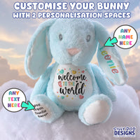 A light blue plush bunny toy with customisable text areas on its belly, inner ear, and paw, shown against a soft cloud and sunset background. Large promotional text at the top reads 'CUSTOMISE YOUR BUNNY WITH 2 PERSONALISATION SPACES,' and circular callouts indicate any name or text can be entered.